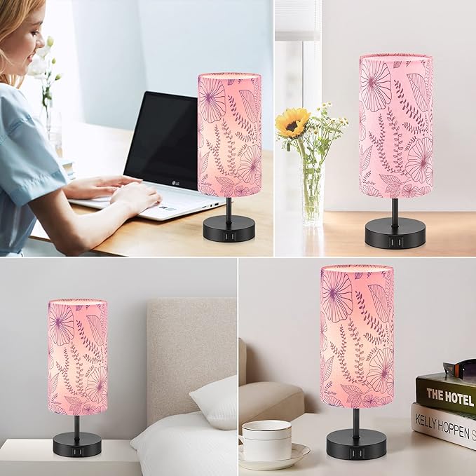 Touch Control Bedside Lamp with 2 USB Ports, 3-Way Dimmable Table lamp for Bedroom, Nightstand Lamp with Round Pink Flower Fabric Shade for Living Room Home Office (E26 LED Bulb Included) - Bloomnest