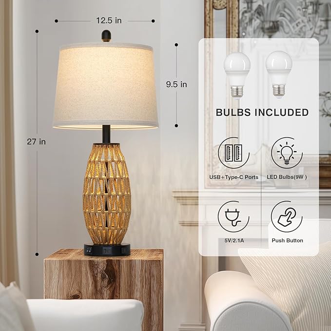 27" Boho Rattan Table Lamp with Night Light, Wicker Bedside Lamp with USB A+C Charging Port & AC Outlet, Woven Coastal Bedroom Lamps for Nightstand, Tall Farmhouse Lamps for Living Room Single - Bloomnest