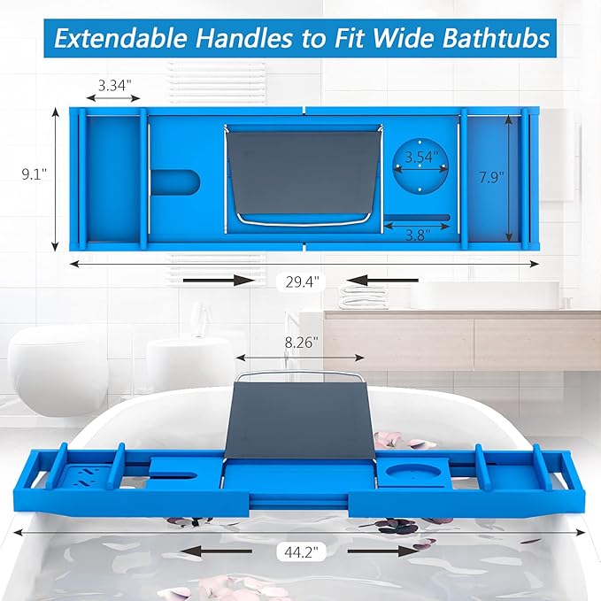 Domax Bathtub Caddy Tray - Expandable Bamboo Tub Tray for Luxury Spa Bath with Book Holder Free Soap Dish Blue - Bloomnest