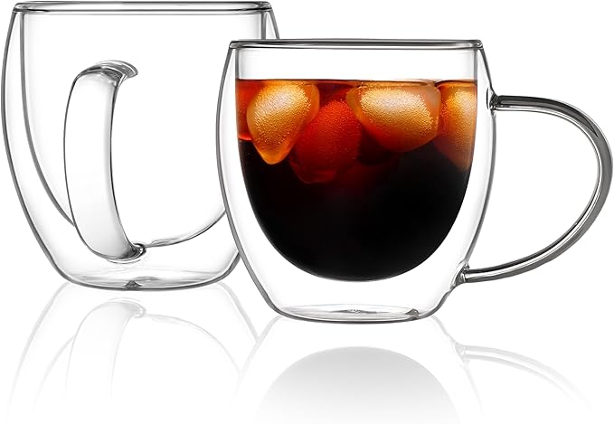 CNGLASS Double Walled Glass Coffee Mugs with Handle,12oz Insulated Glass Mugs with Handle,Clear Espresso Cups for Latte,Cappuccino,Tea Bag,Set of 2 - Bloomnest