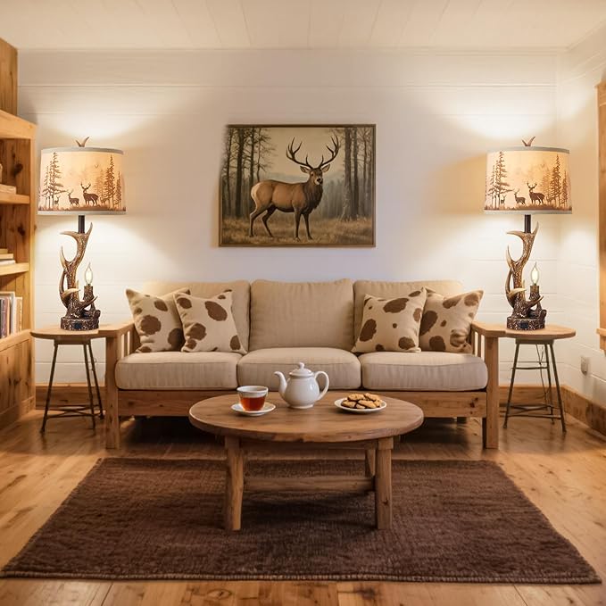 2PACK Rustic Antler Table Lamps Included 4 Bulbs for Bedroom, 28'' Farmhouse Antler Table Lamp with Deer Forest Lampshade USB + Type C Ports Decor for Living Room End Table Cabin Office House - Bloomnest