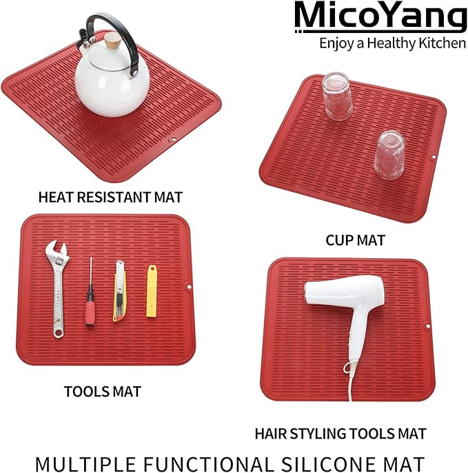 Silicone Dish Drying Mat for Multiple Usage,Easy clean,Eco-friendly,Heat-resistant Silicone Mat for Kitchen Counter or Sink,Refrigerator or Drawer Liner Red 2XL 24 inches x 18 inches - Bloomnest