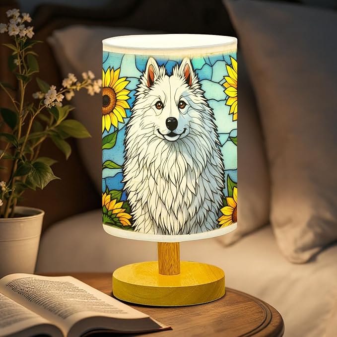 American Eskimo Table Lamp LED 3-Color Pressed Bedside, Dog Shade Lamp with Wood Base for Bedroom Living Room Desk Office - Bloomnest