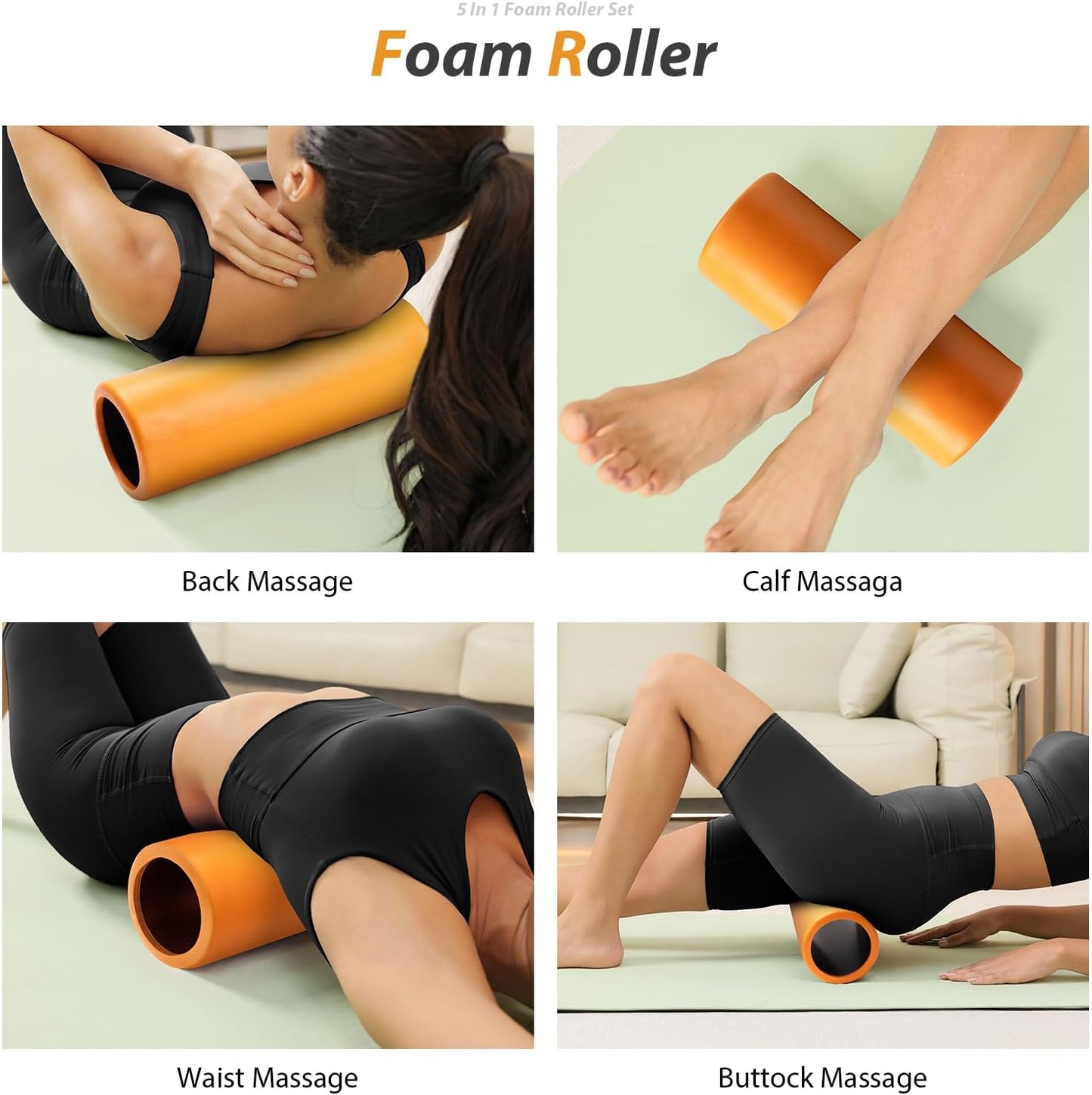 5 in 1 Foam Roller Set - Trigger Point Foam Back Roller, Muscle Roller Stick, Massage Ball, Stretching Band for Deep Muscle Massage Pilates Yoga,Fitness Exercise for Whole Body Release (Pure Orange)