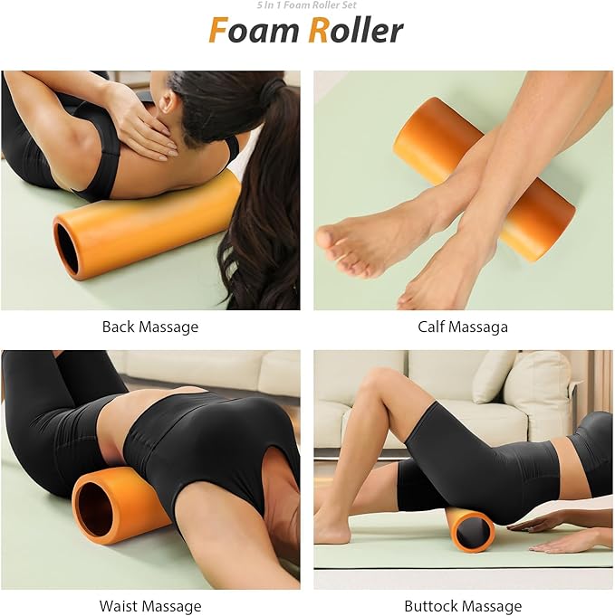 5 in 1 Foam Roller Set - Trigger Point Foam Back Roller, Muscle Roller Stick, Massage Ball, Stretching Band for Deep Muscle Massage Pilates Yoga,Fitness Exercise for Whole Body Release (Pure Orange) - Bloomnest