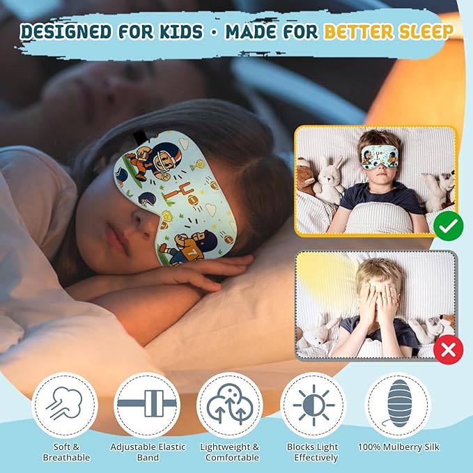 Kids Sleep Mask – 100% Mulberry Silk Eye Mask with Adjustable Strap, Soft Light Blocking Sleeping Mask for Children, Cute Printed Eye Cover for Boys Girls Ages 5-15 (Football Style) - Bloomnest