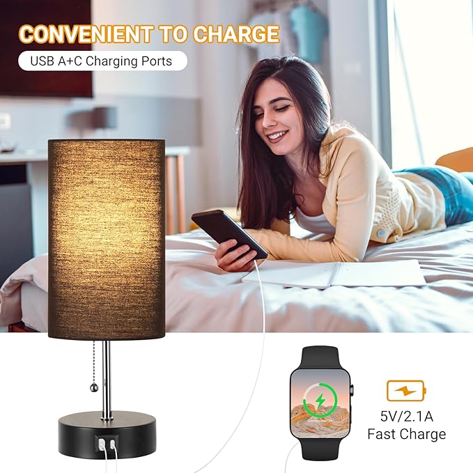 3-Color Temperature Bedside Lamp Nightstand Lamp with USB A Port and C Port, Table Lamp for Bedroom with LED Bulb Small Lamps for Living Room (Black) - Bloomnest