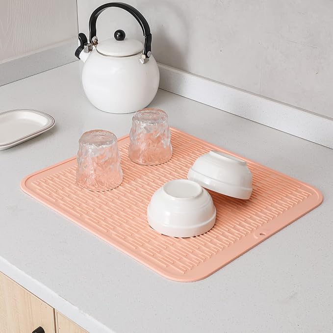Silicone Dish Drying Mat for Multiple Usage,Easy clean,Eco-friendly,Heat-resistant Silicone Mat for Kitchen Counter or Sink,Refrigerator or Drawer Liner Pink XL 18 inches x 16 inches - Bloomnest