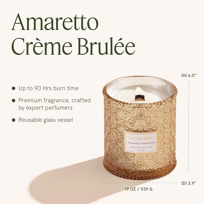 LA JOLIE MUSE Fall Candle | Amaretto Crème Brûlée – Almond Liqueur, Dry Fruit & Caramel | 19 oz Wooden Wick Candle | 90 Hours Clean Burn | Luxury Candles for Self-Care & Gifting - Bloomnest