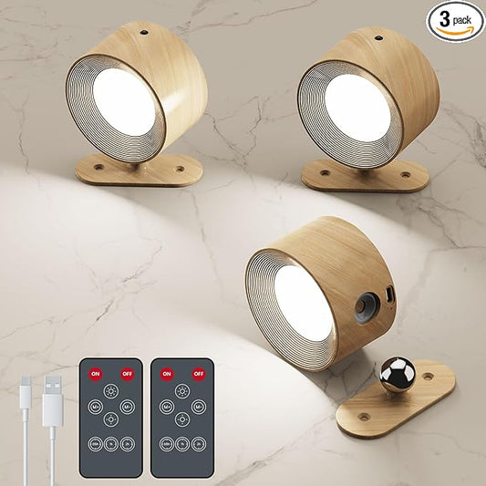 3Pack Battery Operated Wall Sconce, 3 Color Modes 3 Brightness Levels 360°Rotation Lighting Timer Touch & Remote Control, Wall Mounted Lamp LED Wall Lights for Bedroom Reading Bedside (Wood) - Bloomnest