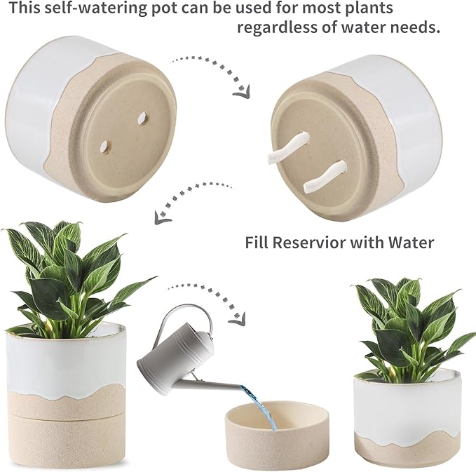 Nihow Self Watering Plant Pot: 4.5 Inch Ceramic Planter with Drainage Hole & Water Storage Plus for Indoor & Outdoor Plants - Cylinder Flower Pot for Herbs/Violets - White & Nature - Bloomnest