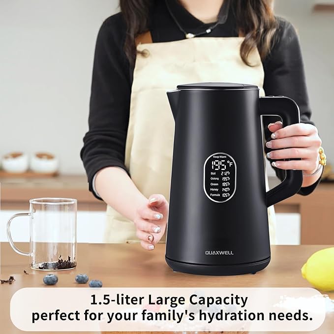 1.5L Electric Kettle Stainless Steel, Double Wall Cool Touch Teapot, Fast Boil,5 Temperature Control, LED Display, Auto Shut-Off, BPA-Free,Keep Warm Function, Ideal for Tea & Coffee,Black - Bloomnest