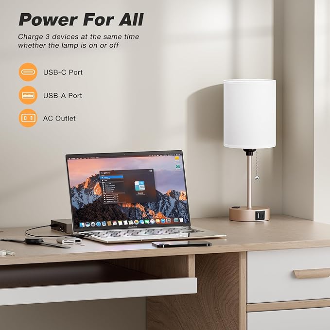 Small Bedside Table lamp for Bedroom - 3 Color Temperatures Bedside Lamps with USB C and A Ports, Pull Chain Table Lamps with AC Outlet, Gold Nightstand Lamps with White Shade for Kids Reading - Bloomnest