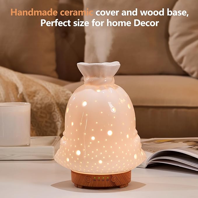 160ML Ceramic Diffuser for Essential Oils Lucky Bag Aromatherapy Diffuser Ultrasonic Cool Mist Humidifier with Intermittent Mist Modes Waterless Auto Off for Room Office - Bloomnest