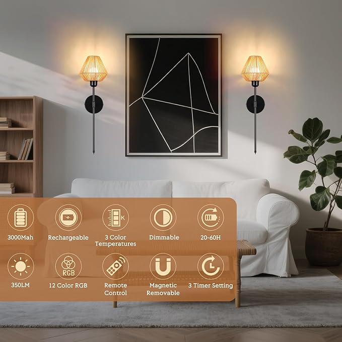 Battery Operated Wall Sconces Set of 2,Rattan Rechargeable Wall Light Dimmable with Remote Control,15 Color Changing and Timer,Boho Black Gold Wall Lamps for Bedroom,Living Room - Bloomnest