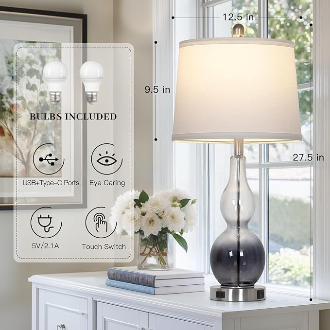 27.5" Gradual Gray Clear Glass Table Lamp Set of 2,3-Way Dimmable Touch Control Bedside Lamps with USB Ports and AC Outlet, Modern Nightstand Lamps for Bedroom Living Room - Bloomnest