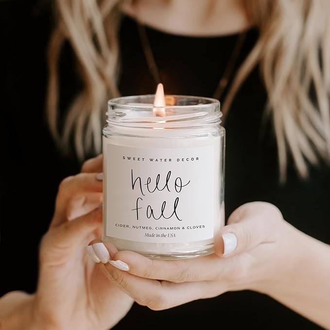 Sweet Water Decor Hello Fall Candle - Cinnamon Apples & Clove Autumn Fall Scented Candle for Home Decor - 100% Cotton Wick Soy Wax Candles with 40 Hour Burn Time - Made in The USA - 9oz Clear Jar - Bloomnest