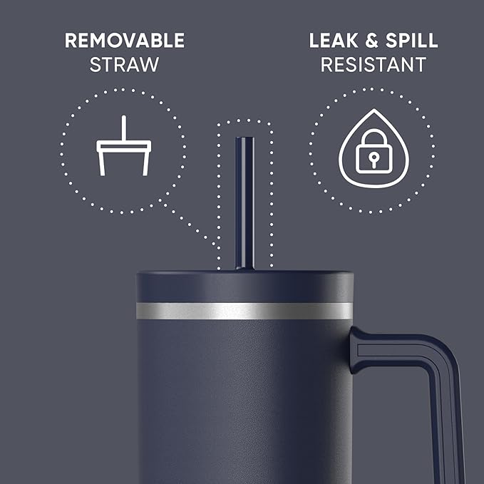 Hydrapeak Voyager 40 Oz Stainless Steel Tumbler with Handle, Insulated Water Bottle With Straw & Lid, Cupholder Friendly Reusable Travel Mug (Navy) - Bloomnest