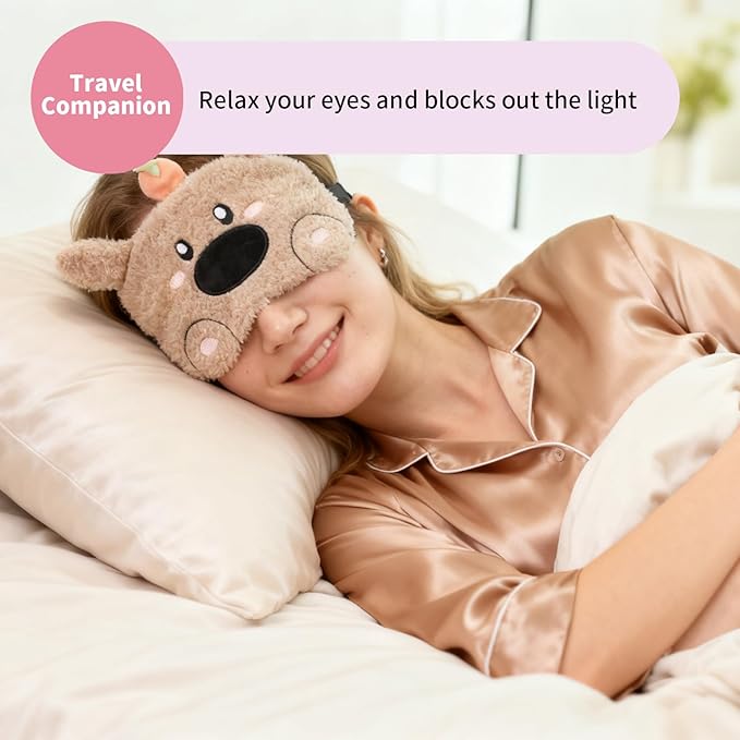 Cute Sleeping Mask, Cat Soft Plush Fluffy Sleep Mask Funny Cartoon Kittens Dog Blindfold Novelty Eye Cover Eyeshade Shade for Kids Girls and Adult Travel (White+Brown) - Bloomnest