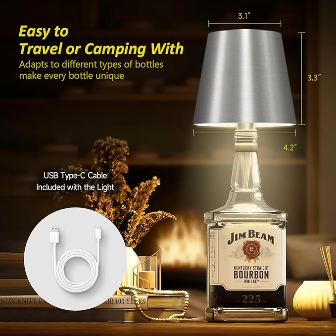 2025 New Wireless Bottle Lamp - LED Bottle Lights for Liquor & Wine Bottles, Cordless Lampshade, Whiskey Bottle Top Light, Bottle Stopper Night Light Kit, Rechargeable 3-Tone Touch-Dimmable - Bloomnest