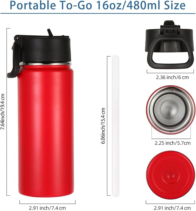Volhoply Kids Insulated Water Bottle with Straw,16oz Stainless Steel Cold Water Bottles for School,BPA-Free Metal Wide Mouth Cups with Handle Lid,Reusable Double Wall Vacuum Sport Flask(Red,1) - Bloomnest
