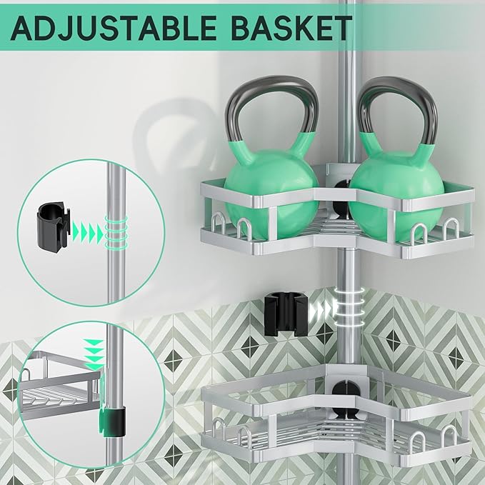 HEVEL Corner Shower Caddy Tension Pole, 4 Tier Adjustable Shower Organizer Corner 62-115 Inch, Rustproof Bathroom Shower Shelves for Bathtub Storage,Silver - Bloomnest