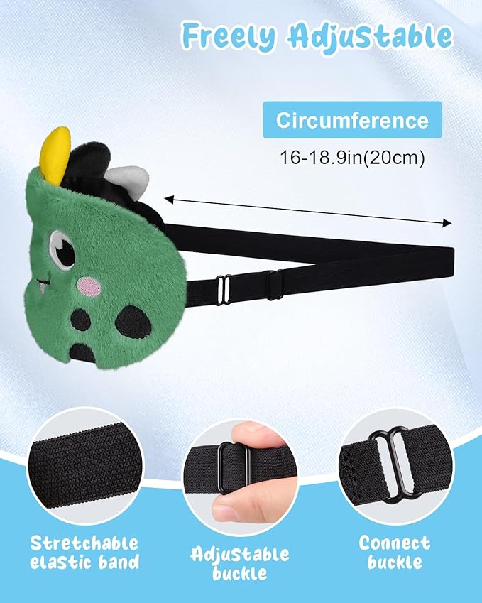 Sleep Mask for Kids - Cute Cartoon Plush Fuffy Sleeping Eye Cover Green Dinosaur Kawaii Soft Eyeshade with Adjustable Strap Animal Eye Blindfold for Kids Girls Boys Teens - Bloomnest