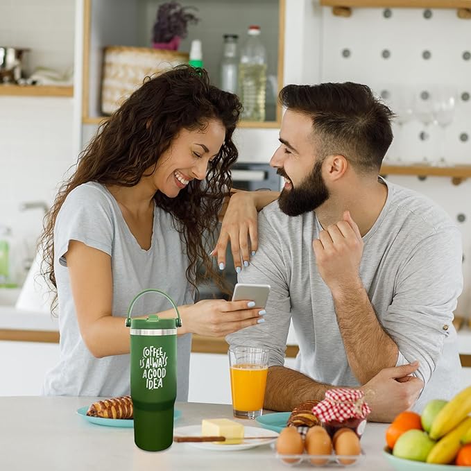 30 oz Tumbler with Handle, Double Wall Vacuum Insulated Tumblers with Flip Straw, Coffee Mug 30oz Powder Coated Cup for Hot and Cold Drinks(Army Green,4 pack)