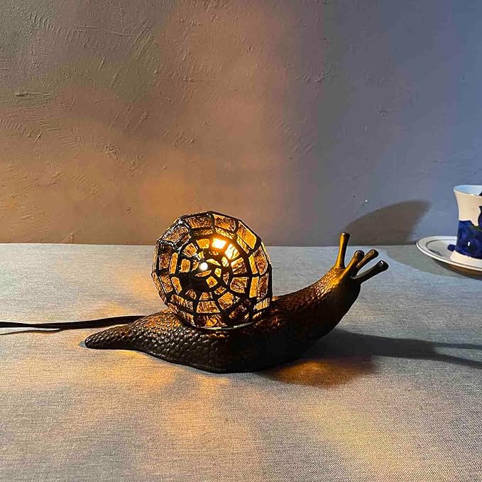 Bieye L10980 Land Snail Tiffany Style Stained Glass Accent Table Lamp for Home Decoration (Amber, 10" D x 5" W x 5" H) - Bloomnest