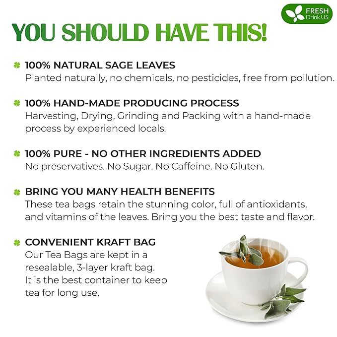 FreshDrinkUS, Premium 15 Sage Leaf Tea Bags, 100% Natural & Pure from Sage Leaves. Loose Leaf Sage Herbal Tea. Made with Natural Material Tea Bags. No Sugar, No Caffeine, No Gluten, Vegan. - Bloomnest