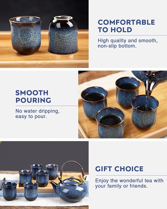DUJUST Japanese Tea Set for 6, Kiln Altered Glaze Porcelain Tea Set with 1 Teapot, 6 Tea Cups & 1 Tea Tray, Unique Chinese Tea Sets for Adults/Tea Lovers/Women/Men, Blue - Bloomnest