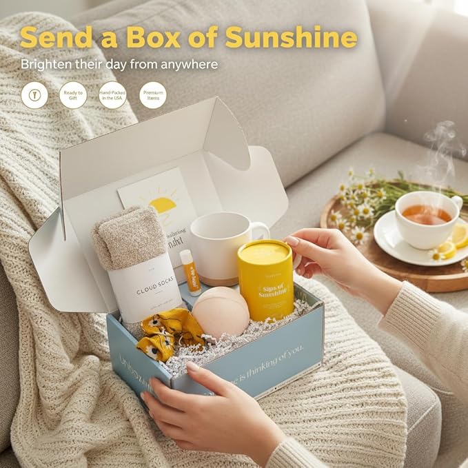 Unboxme Sunshine Care Package for Women, Spa Gift Basket with Tea, Mug, Bath Bomb, Candle, Cozy Socks, Thinking of You, Get Well, Birthday - Bloomnest