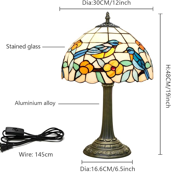 Hummingbird Lamp Stained Glass Table Lamp Tiffany Lamps for Bedroom Living Room Bedside Home Office Vintage Style Bird Flower Farmhouse Hotel Bar Decor Night Stand Desk Reading Light 12x12x19 Inch - Bloomnest