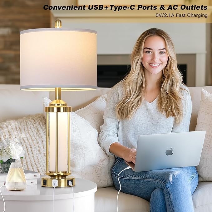 Modern Table Lamps, Gold 27" Industrial Table Lamp Set of 2 with USB A+C Charging Ports & AC Outlet, Farmhouse Rustic Beside Lamp for Living Room Bedroom Office End Table(4 LED Bulbs Included) - Bloomnest