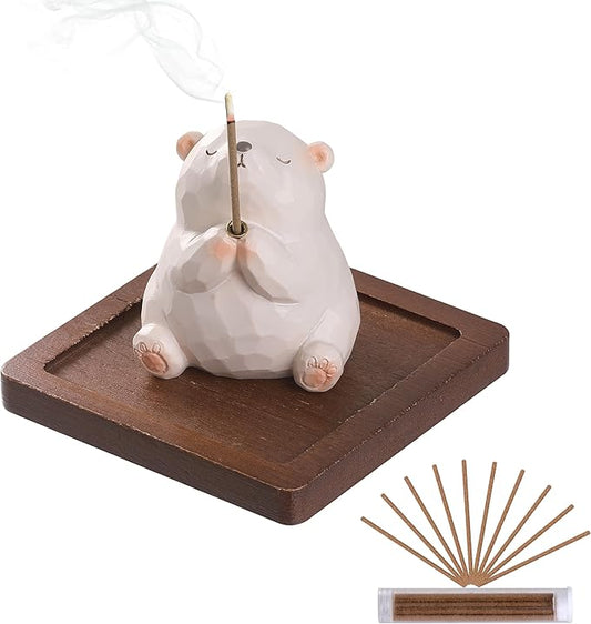 Lionpower Incense Holder for Sticks with Burner & Ash Catcher - Resin Bear, Wooden Tray, 10 Incense Sticks for Meditation Yoga Spa, Cute Home Decor Room Accessories (Bear)