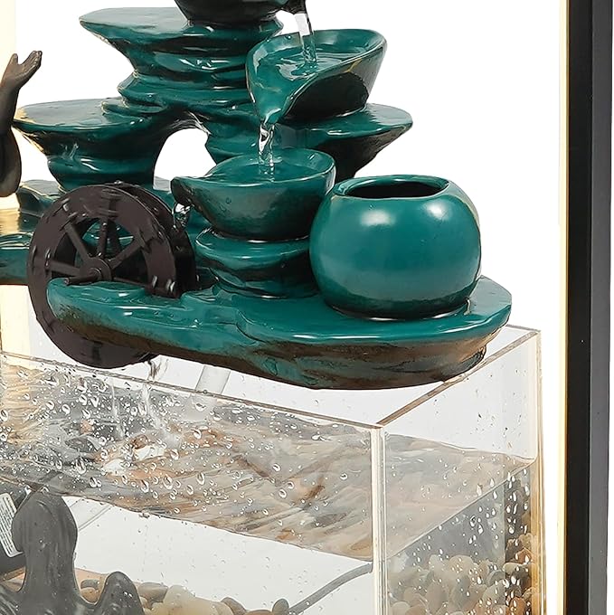 Zen Tabletop Fountain with LED Lights, Handcrafted Ceramic Waterfall Decoration with Fish Tank, Tea Set & Pine Tree for Home/Office, Relaxing Gift for Stress Relief & Good Fortune
