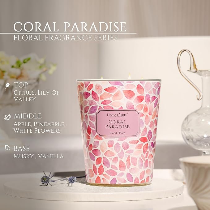 HomeLights Coral Paradise Scented Candles | 34oz Soy Candles Bohemian Natural Textures 3-Wick Large Candle Jars | Ideal Candle Gifts for Events, Home Decor Stress, Relief & Relaxation - Bloomnest