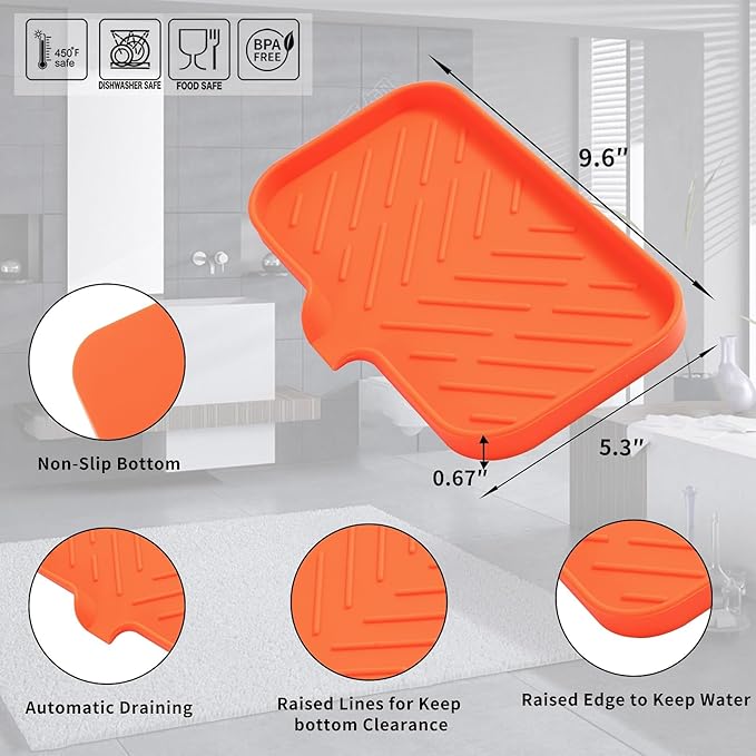 Silicone Bathroom Soap Dishes with Drain Spout-Bathroom and Kitchen Sink Organizer,Sponge Holder,Dish Soap Tray,Perfect for Dispenser,Scrubber,Bottle,Cup on Sink or Counter-Orange 9.6"×5.3" - Bloomnest