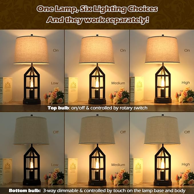 Farmhouse Table Lamps for Living Room Set of 2, 3-Way Dimmable Touch Control Bedside Lamps with 2 USB Charging Ports, Bedroom Reading Lamps for Nightstand, Rustic Home Decor, 4 LED Bulbs Included - Bloomnest