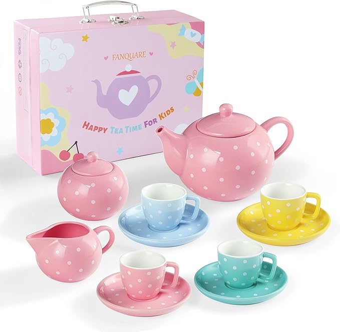 fanquare Porcelain Tea Set for Little Girls,12 Pieces Pretend Play Coloful Tea Set with Pink Box for Kid's Birthday - Bloomnest