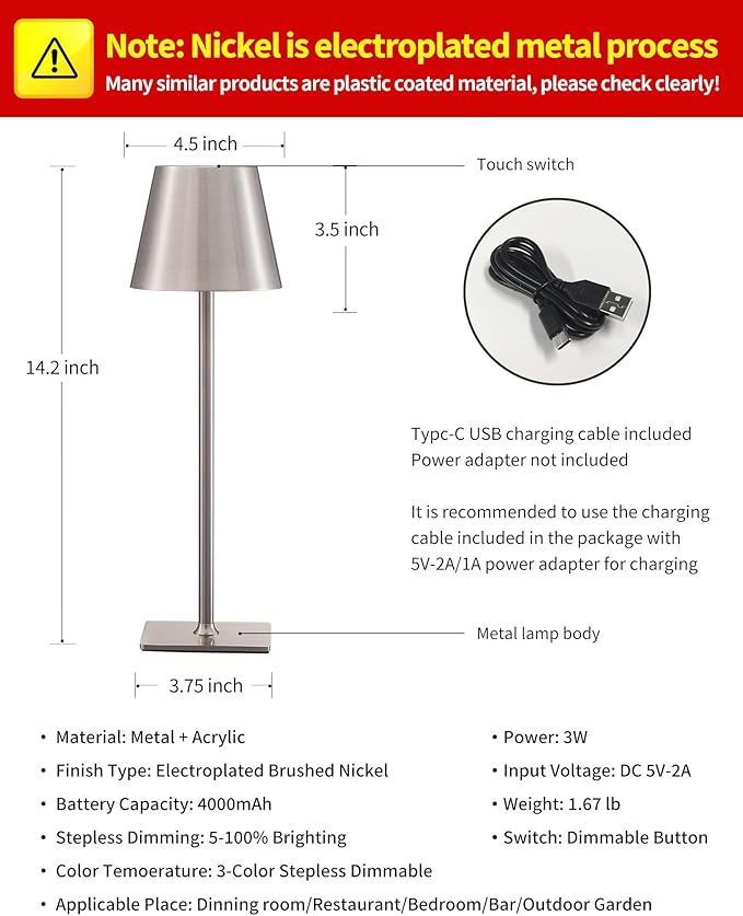 KDG 2 Pack Cordless Table Lamp,Portable LED Desk Lamp, 4000mAh Battery Operated, 3 Color Stepless Dimming Up, for Restaurant/Bedroom/Bars/Outdoor Party/Camping/Coffee Shop Night Light(Brushed Nickel) - Bloomnest