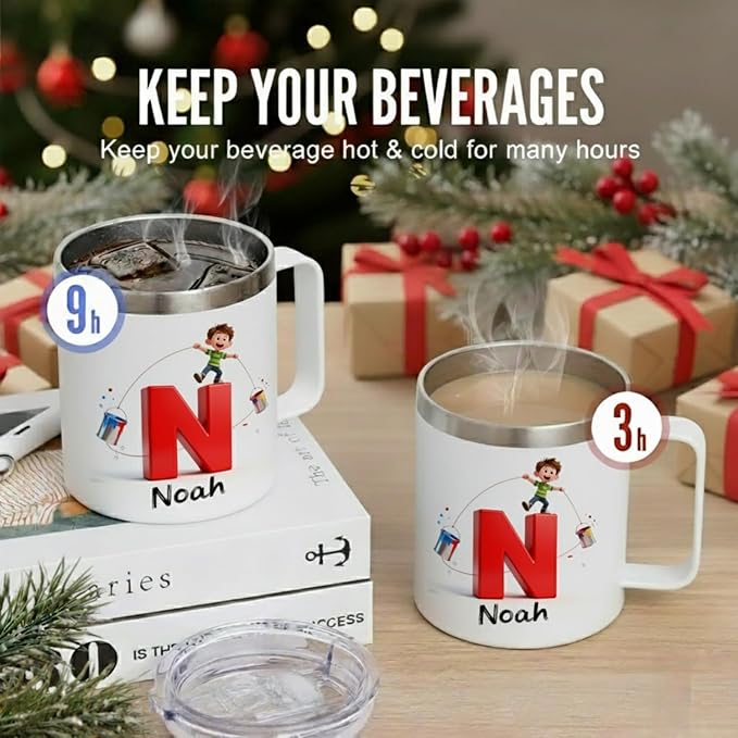 Personalized Kids Mug for Boys with Custom Name, Fun Paint Splash Initial Cup - 14oz Insulated Stainless Steel Tumbler with Handle & Lid, Creative Christmas Stocking Stuffer & Birthday Gift (B67) - Bloomnest