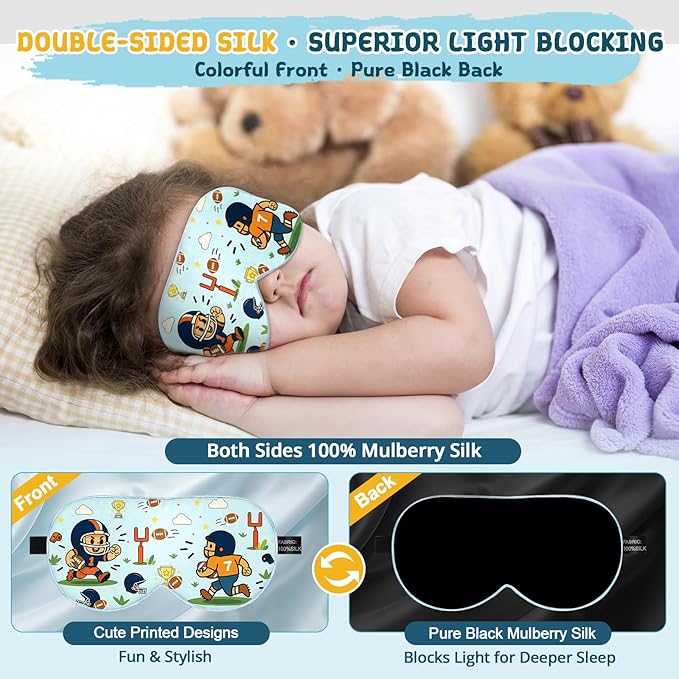 Kids Sleep Mask – 100% Mulberry Silk Eye Mask with Adjustable Strap, Soft Light Blocking Sleeping Mask for Children, Cute Printed Eye Cover for Boys Girls Ages 5-15 (Football Style) - Bloomnest