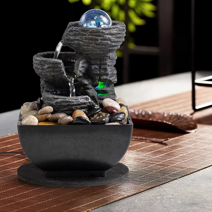 Tabletop Fountain Indoor Waterfall Meditation Fountain Like Layers of Rock Desktop Water Feature Includes Many Natural River Rock LED Lights Rolling Decorative Bubble Balls - Bloomnest