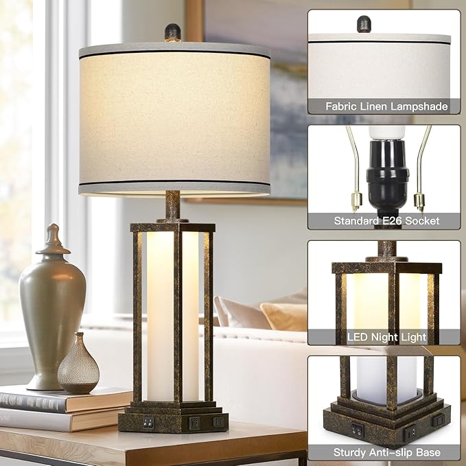 27" Tall Vintage Table Lamp Set of 2 with USB C+A & Outlet,Bronze Industrial End Table Lamp for Living Room,Farmhouse Rustic Bedside Lamps with Frosted Glass Night Light for Bedroom Nightstand,Bronze - Bloomnest
