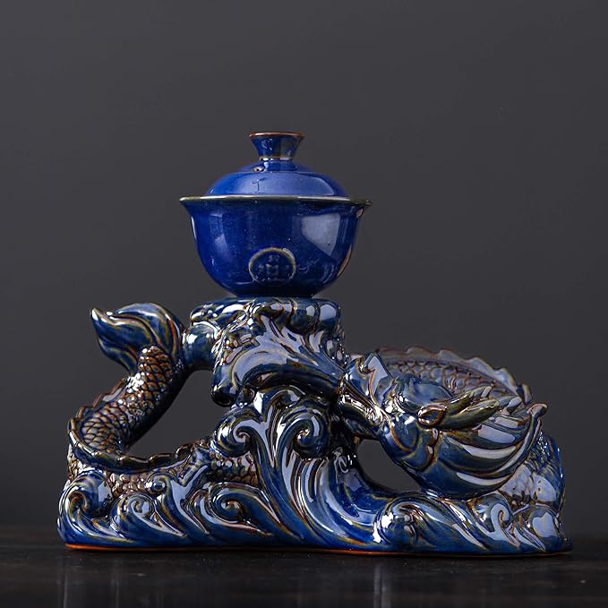 Semi Automatic Tea Set Ceramic Teapot with Infuser Magic Teapot with 8 cups (Dark Blue Dragon-D) - Bloomnest