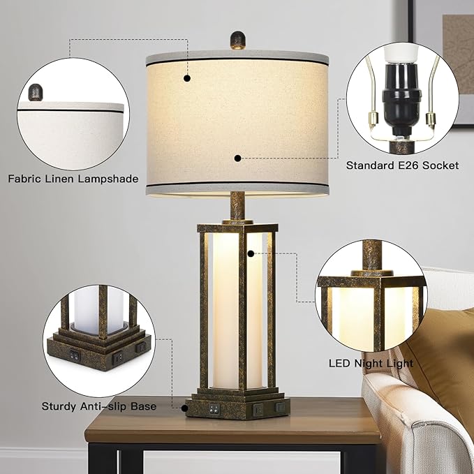 27in Tall Farmhouse Table Lamp with USB C+A & Outlet,Bronze Industrial End Table Lamp for Living Room,Vintage Rustic Bedside Lamp with Night Light for Bedroom Nightstand,Single Bronze - Bloomnest