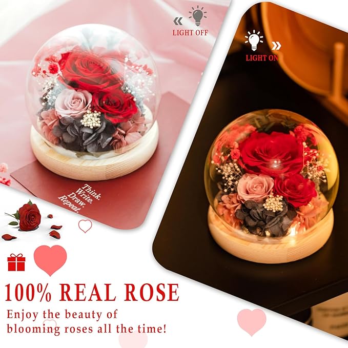 FIACO Valentines Day Gifts for Her Preserved Rose Forever Fresh Flowers for Delivery Birthday Gift for Women Mom Grandma Wife Mothers Day Anniversary Eternal Roses in Glass Dome - Bloomnest