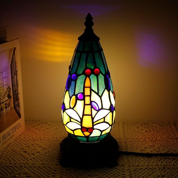 Small Tiffany Lamp Stained Glass Table Lamp 5.5X11 Inch Christmas Tree Lighthouse Mini Accent Memory Sympathy Antique Night Light for Bedroom Living Room (Blue Yellow)