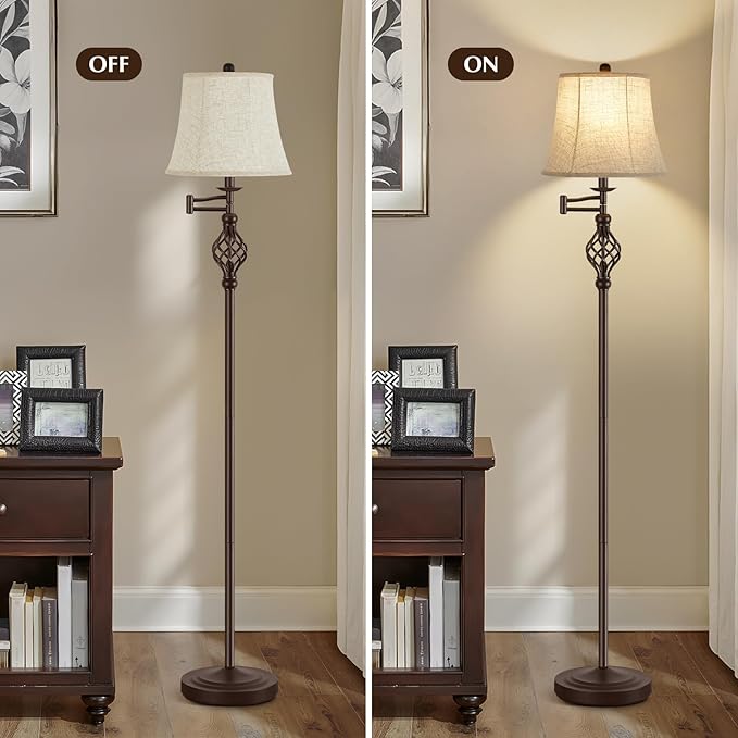 GyroVu 3 Color Temperature Floor lamp, Traditional 350° Adjustable Swing Arm Floor Lamp Vintage Pole lamp Farmhouse Lamp for Living Rooms, Rustic Standing Lamp for Bedroom Reading(Red Brown) - Bloomnest